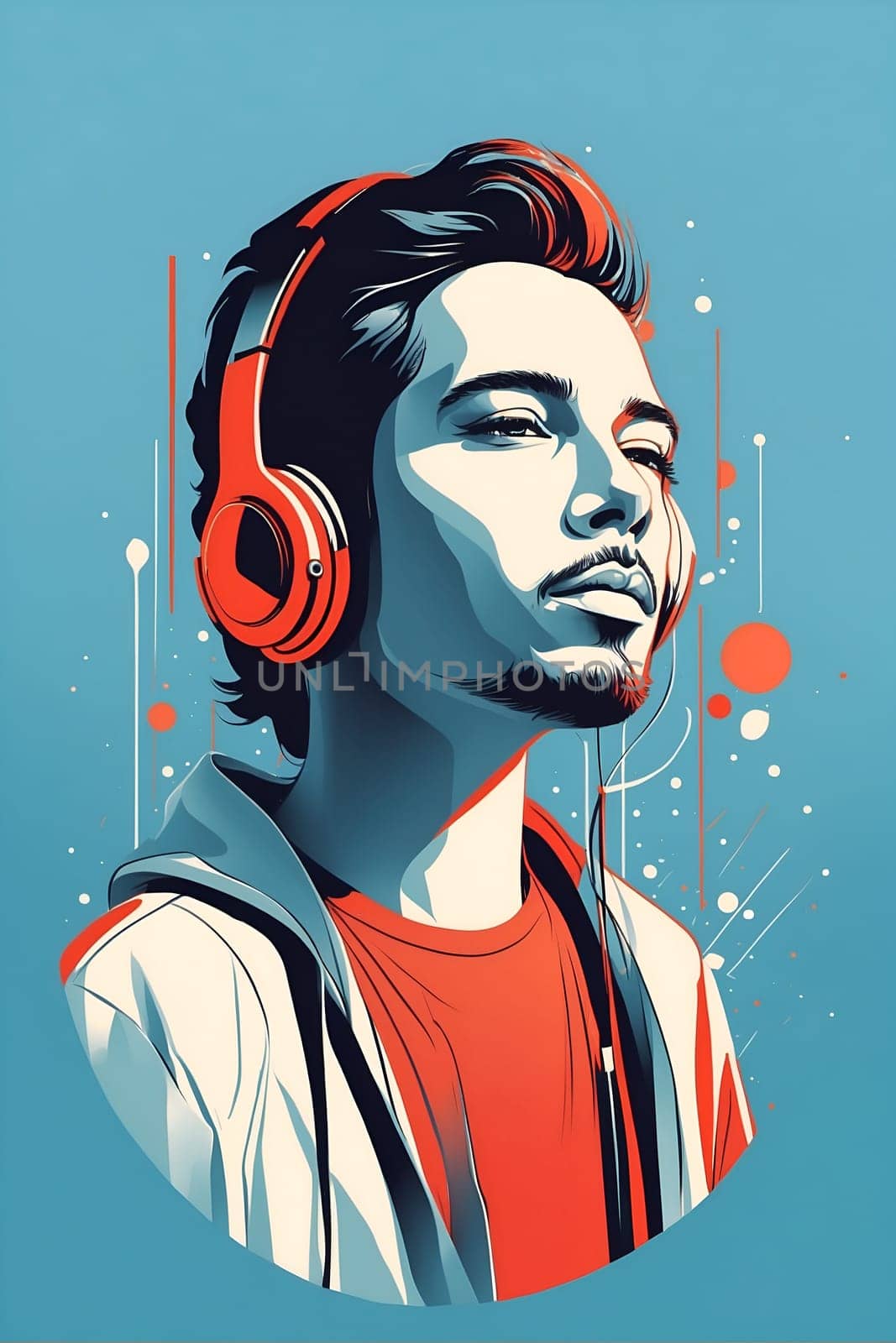 Man Wearing Headphones Against Blue Background Plays Music and Enjoys Audio Experience. Generative AI. by artofphoto