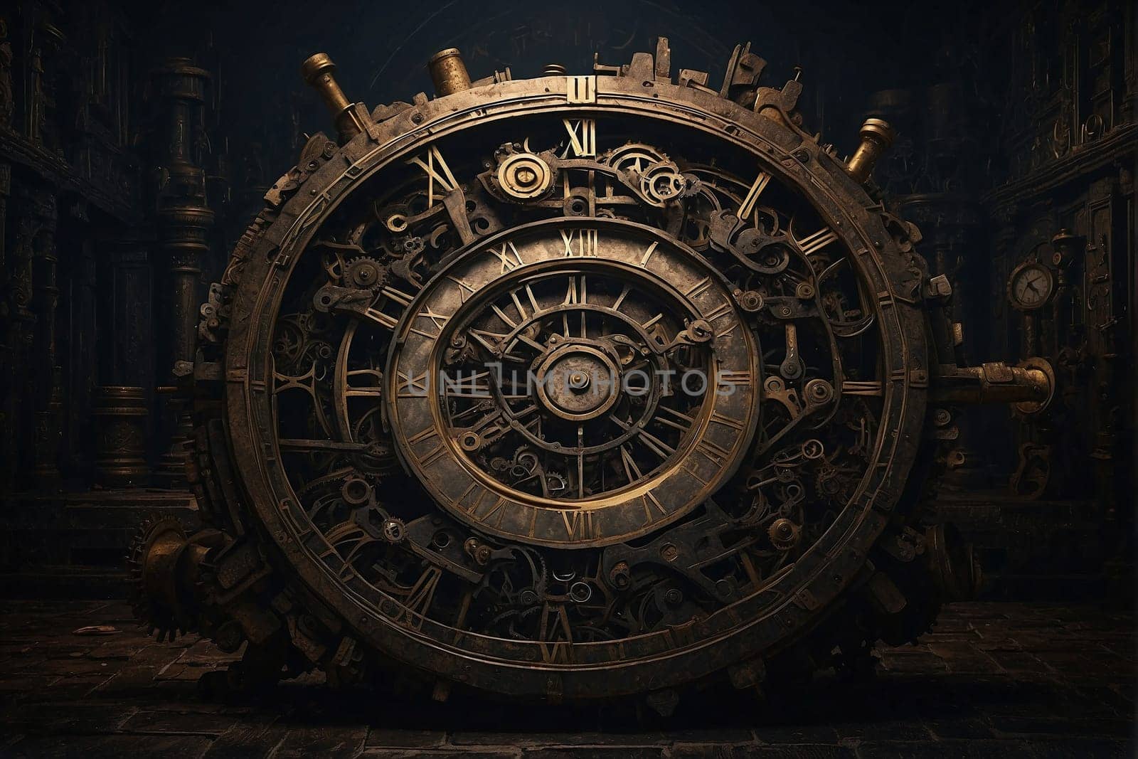 Large Metal Clock in Dark Room, Timekeeper in Dimly Lit Space. Generative AI. by artofphoto