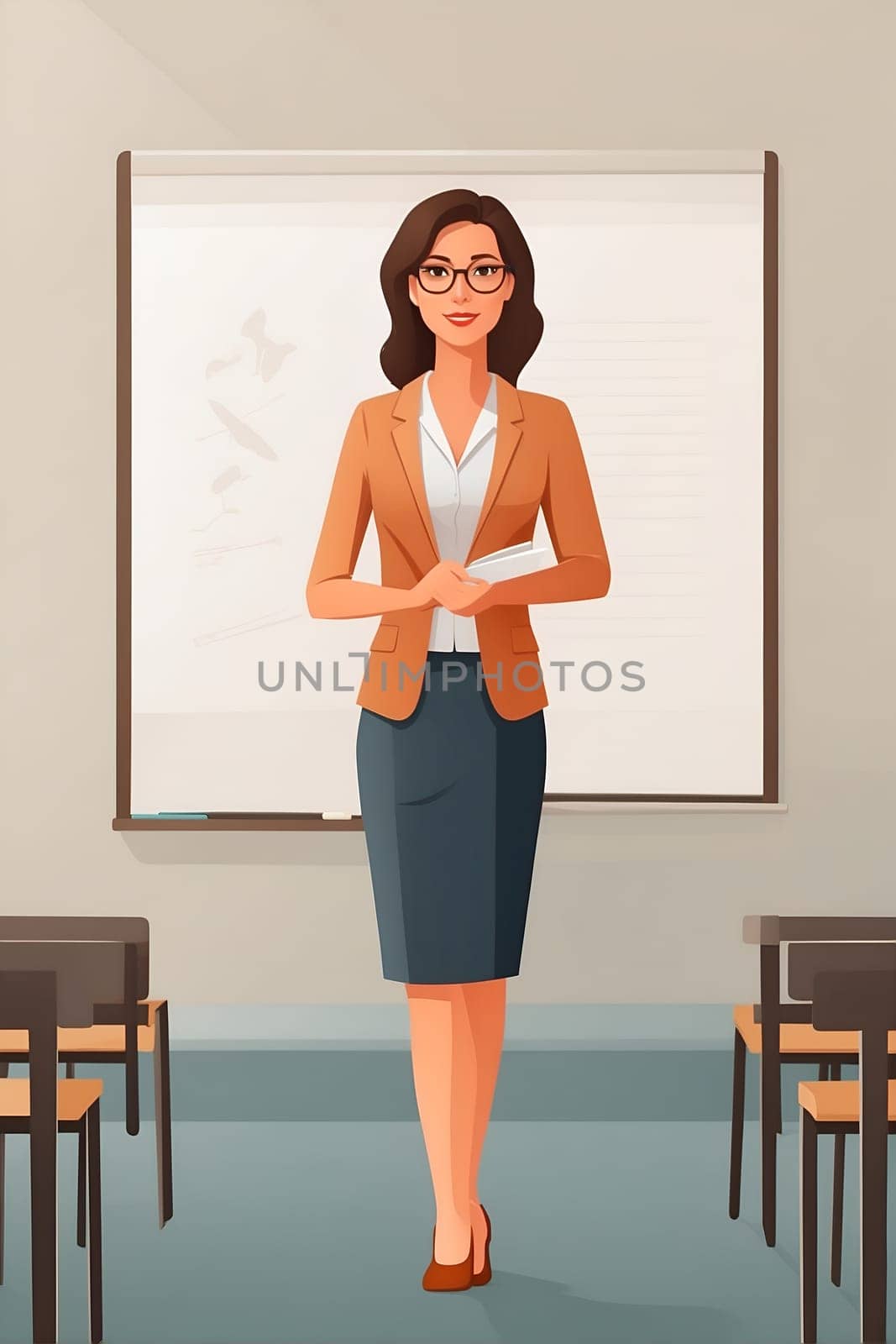 A woman stands by a whiteboard in a classroom, ready to deliver a presentation or teach a lesson.