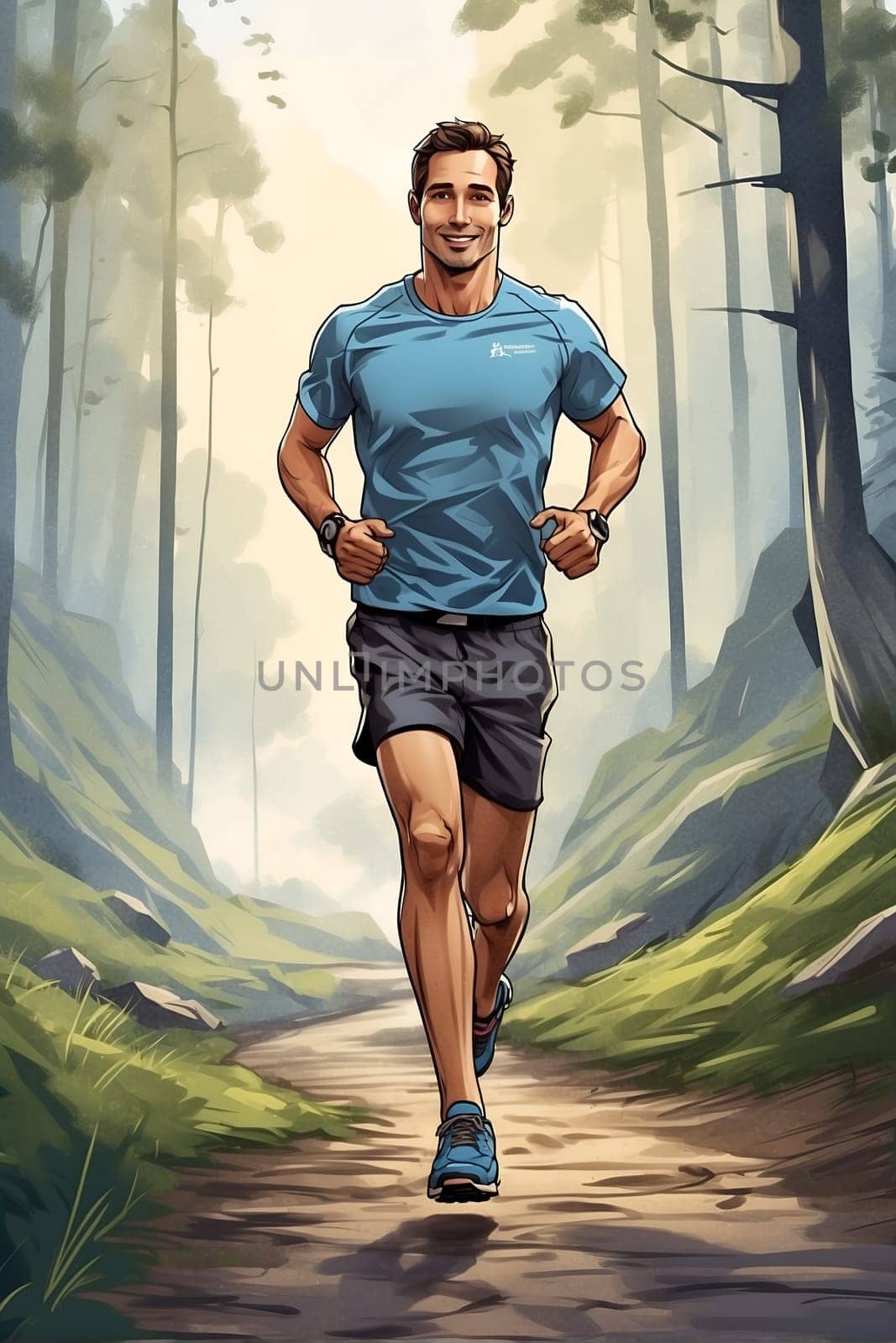 Man Running Down Trail in Woods, Energized Exercise in Serene Natural Setting. Generative AI. by artofphoto
