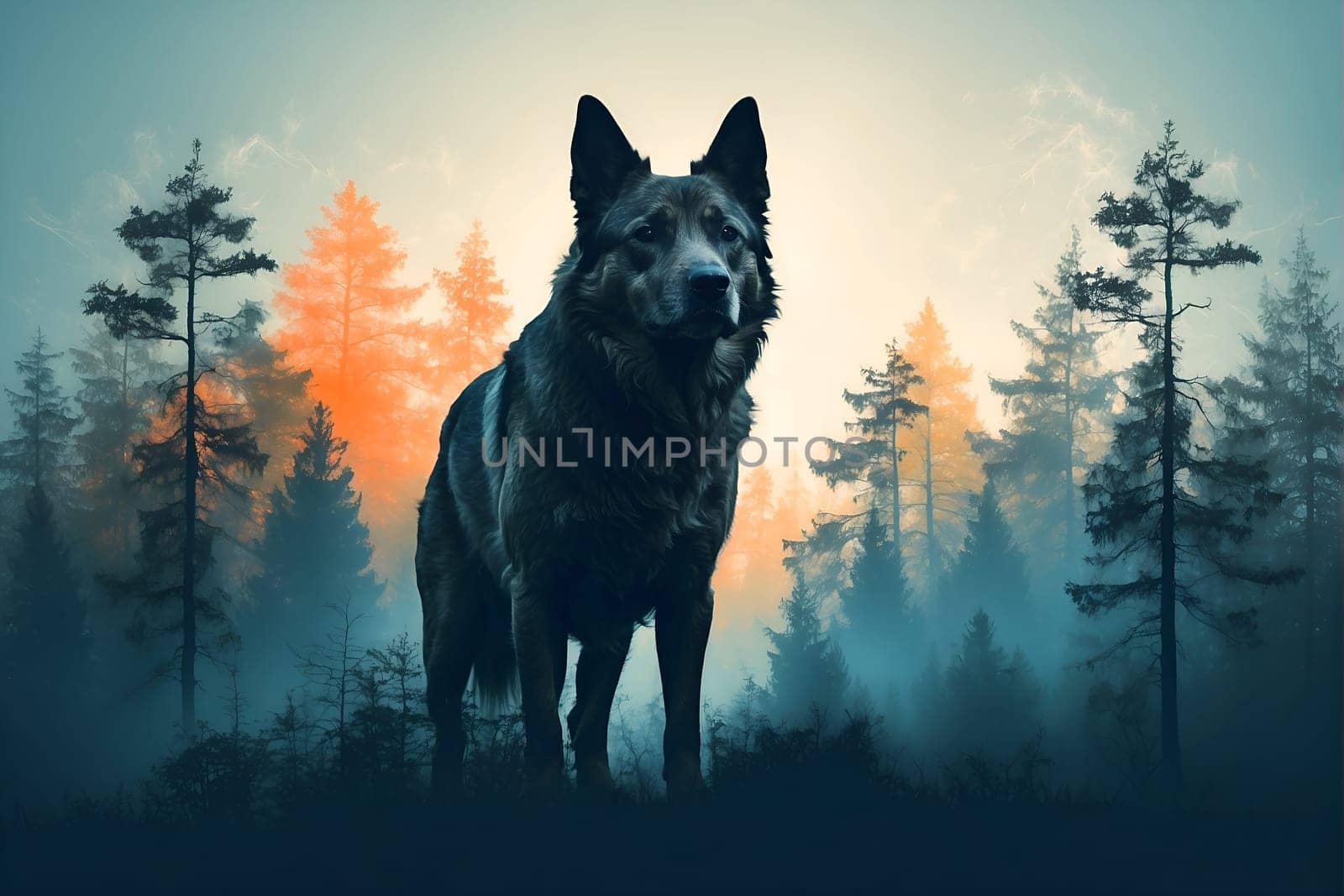 Painting of Dog Standing in Forest. Generative AI. by artofphoto