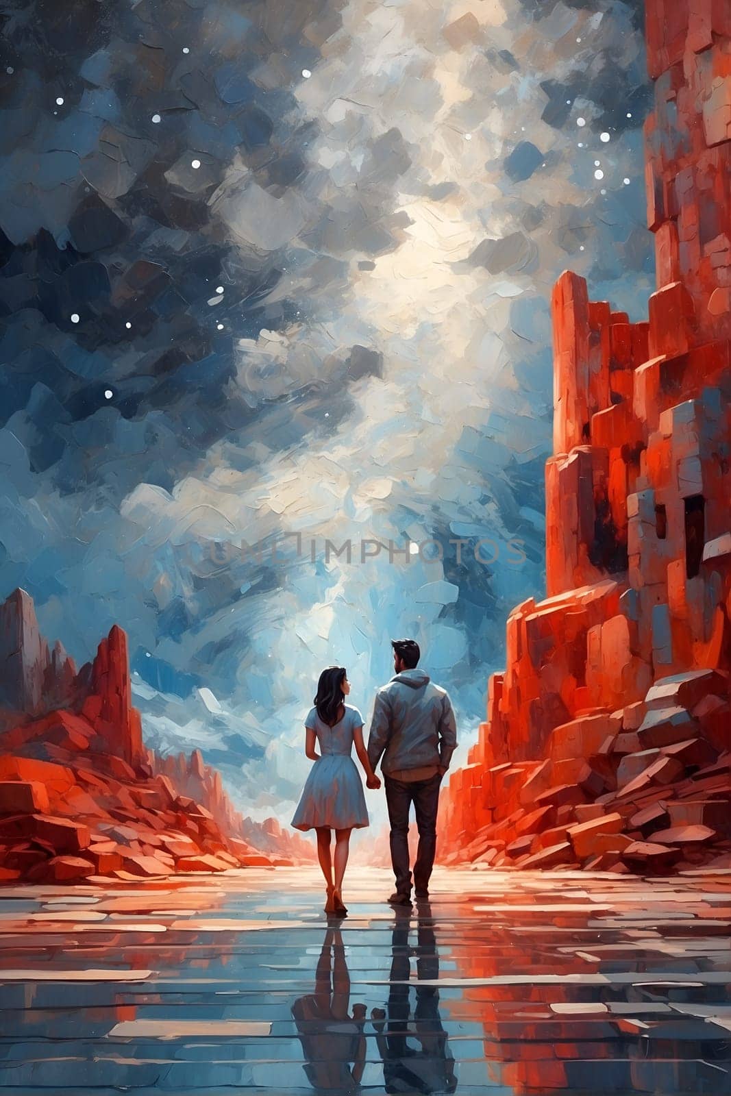 Painting of Man and Woman Holding Hands Depicting Love and Unity. Generative AI. by artofphoto