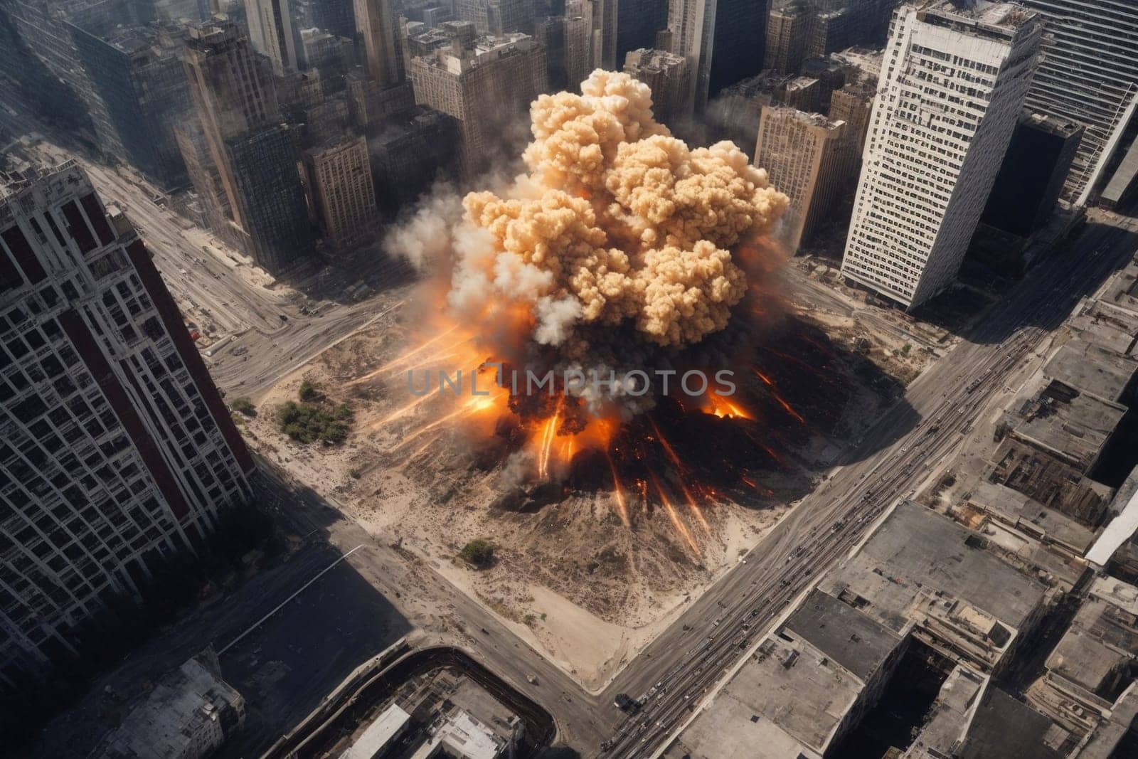 A colossal explosion erupts in the heart of a bustling city, leaving destruction and panic in its wake.