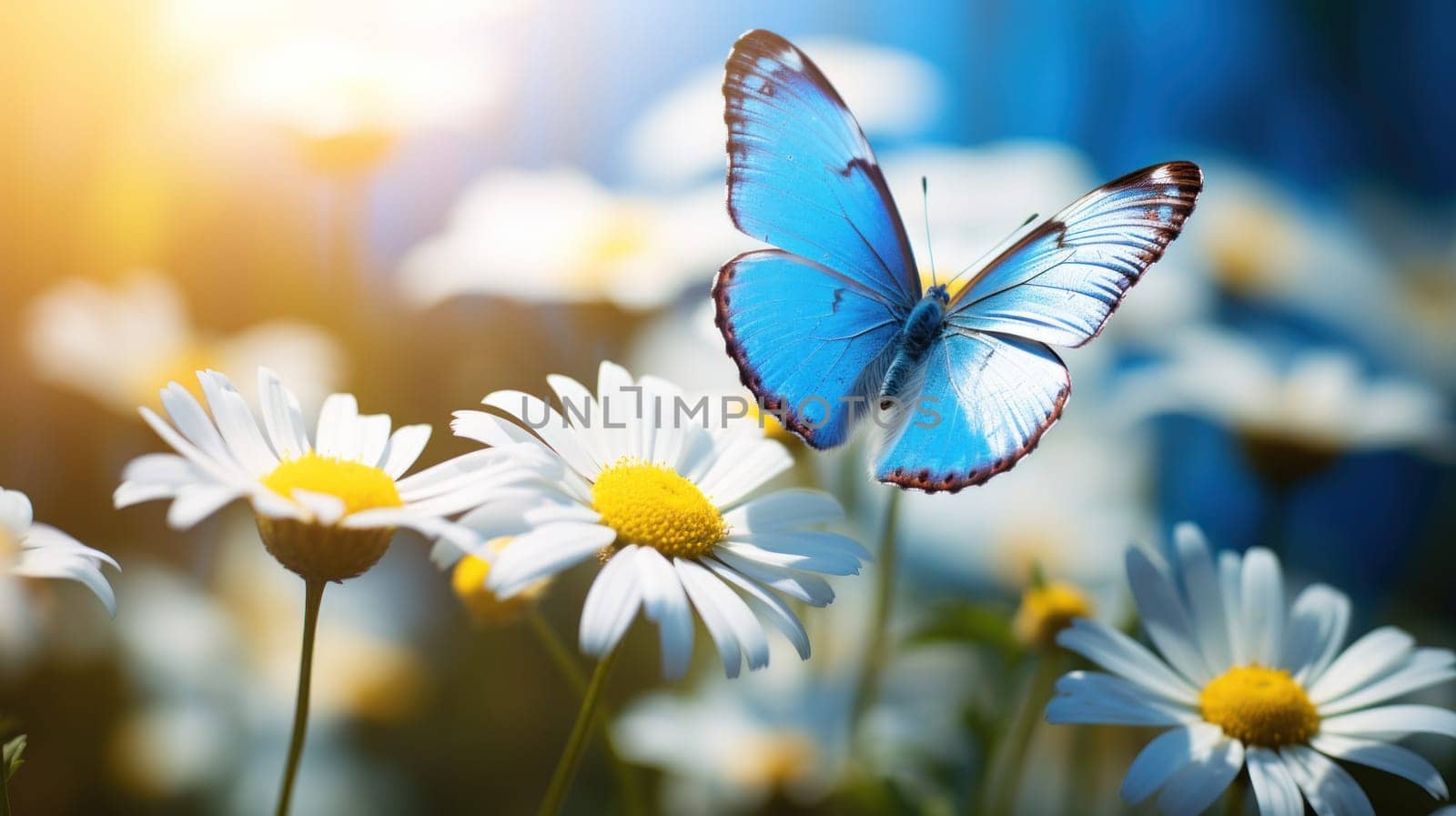 close up High-resolution image of Blue Morpho on white daisy flower. Generative AI.