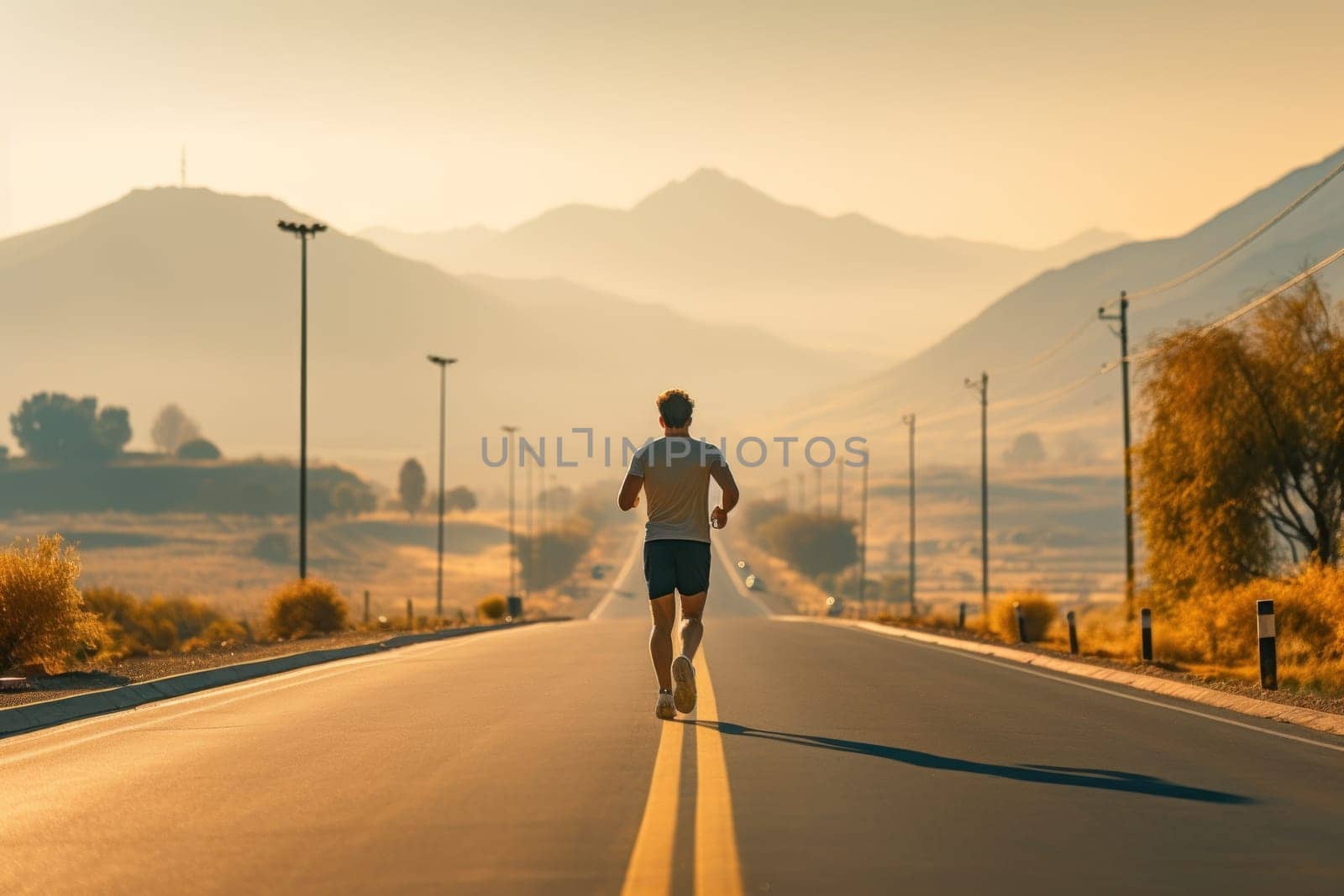 Man running along the road during sunset. Generative AI by golfmerrymaker