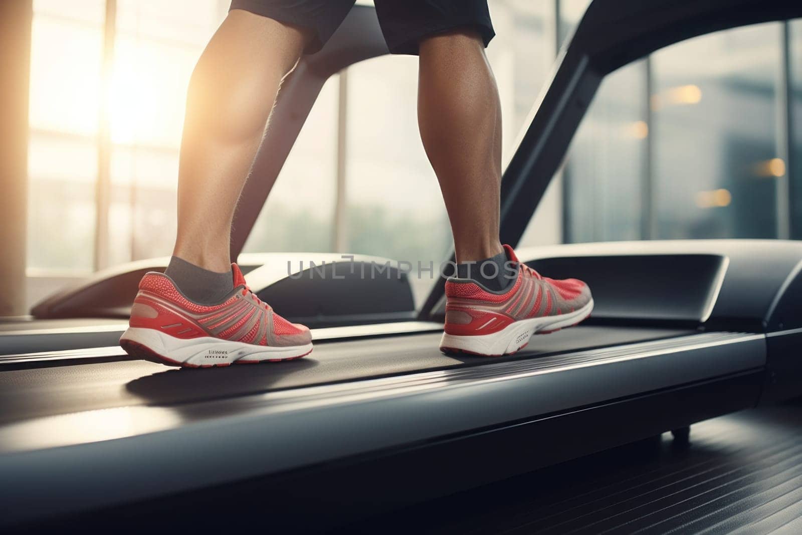 Close up of the activity of a leg running on a treadmill. Generative AI.