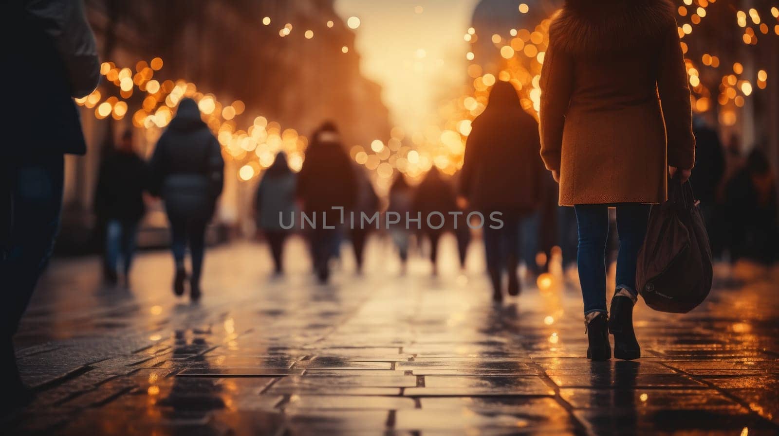 People walking in the city street with bokeh Christmas night. Generative AI.