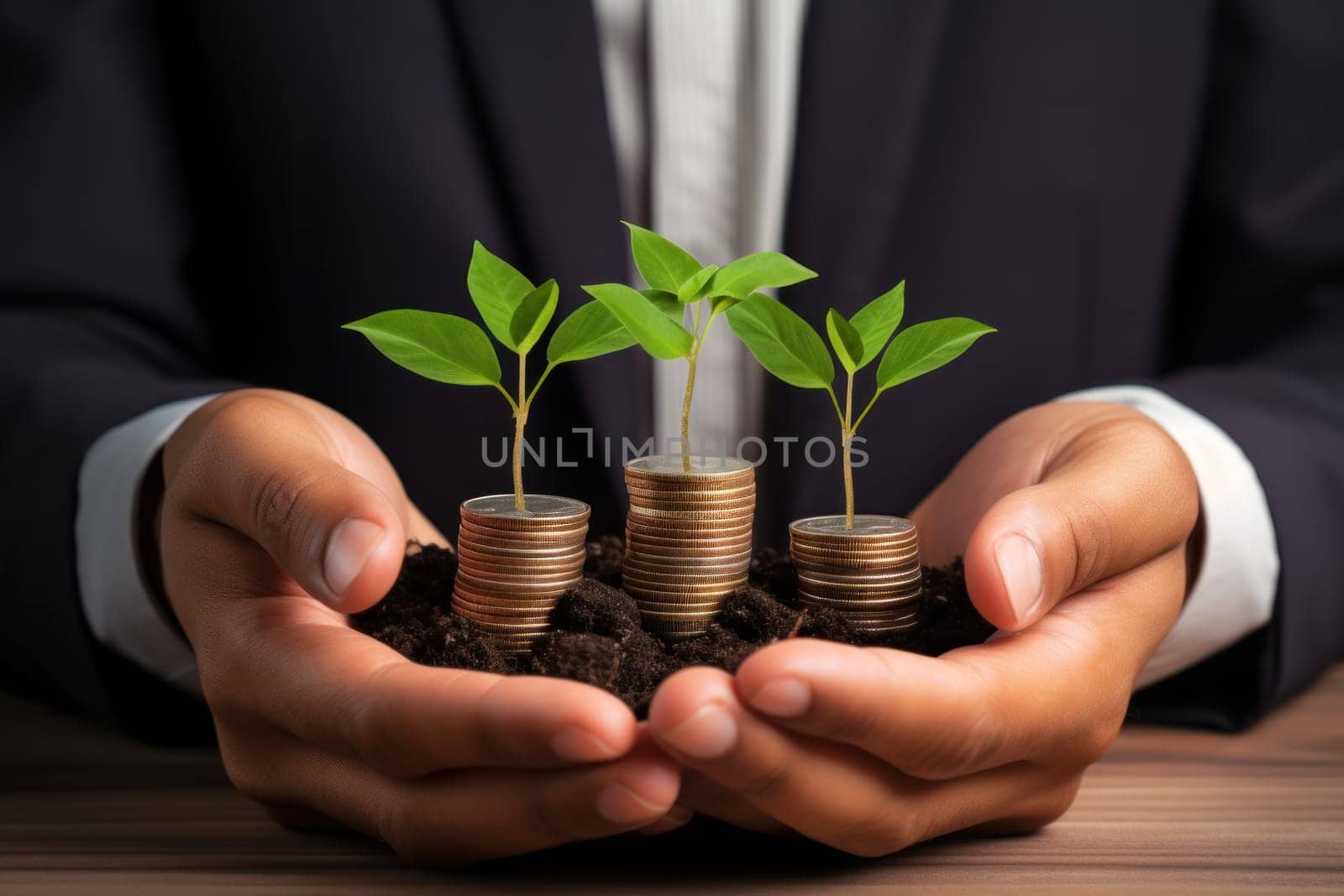 Man holding hip of coins with small green seedling growing from them. Generative AI.