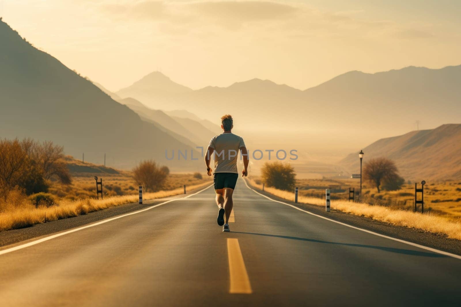 Man running along the road during sunset. Generative AI by golfmerrymaker