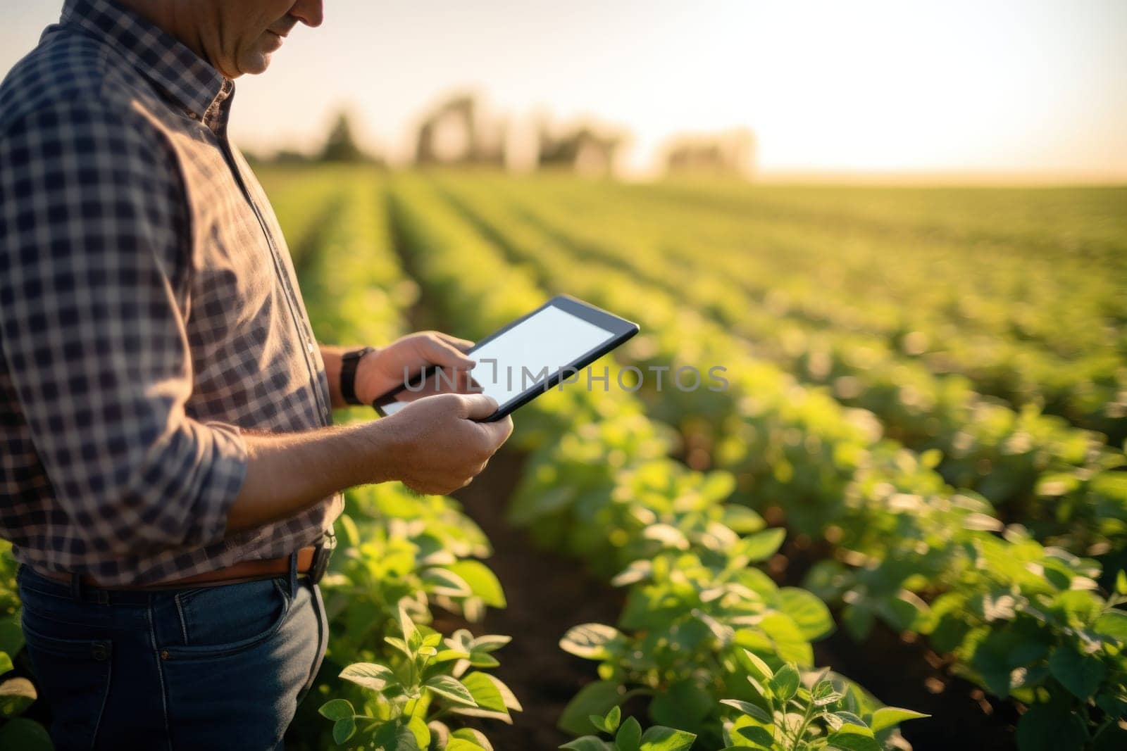 Close-up portrait agronomist examining crop health using a tablet in a sunlit field. Generative AI.