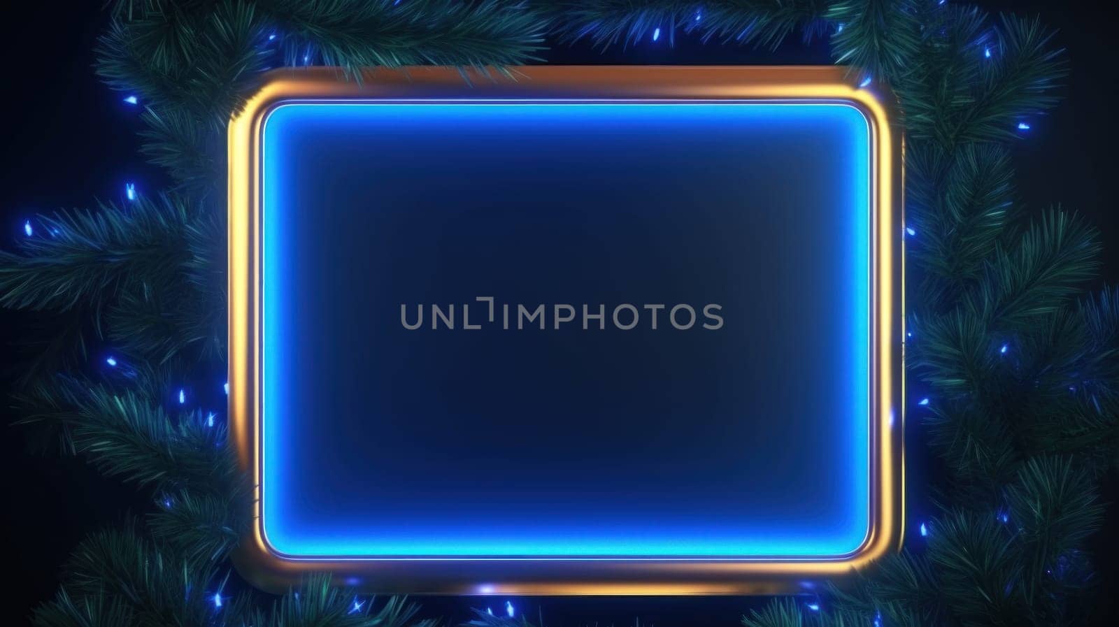 Blue neon frame with close up Christmas spruce branches with copy space. Generative AI.