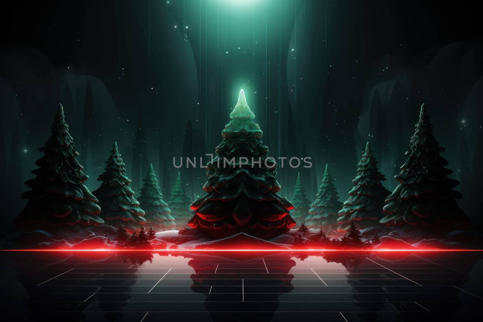 Banner of the Christmas in a red and green futuristic neon style. Generative AI.