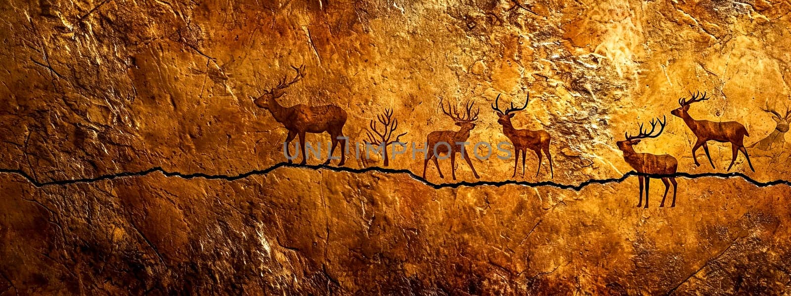 Prehistoric cave painting style illustration of a herd of deer by Edophoto