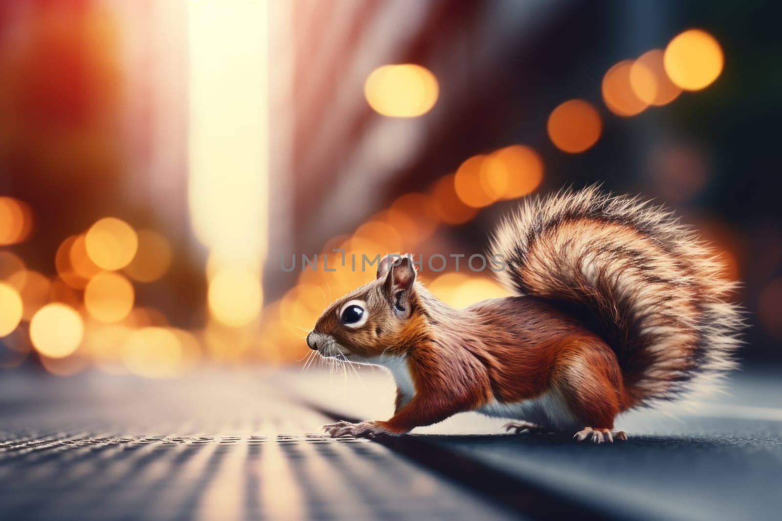 Squirrel in the big city, blurred background. Generative AI by golfmerrymaker