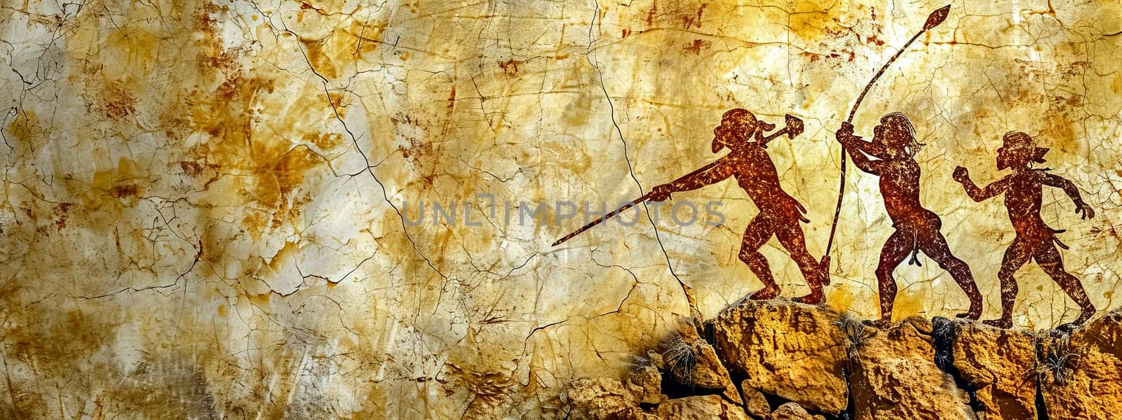 Artistic representation of ancient hunters on a rustic cave wall, copy space