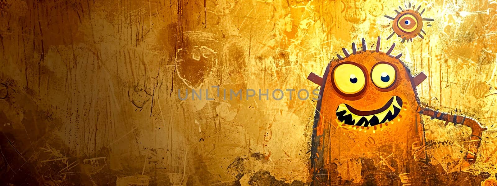 Cheerful cartoon monster on a grungy golden cave-like background. copy space