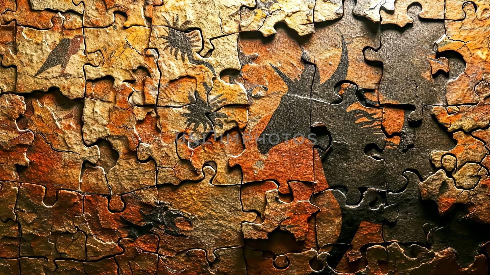 Cave art themed jigsaw puzzle with animal silhouettes and tribal motifs by Edophoto