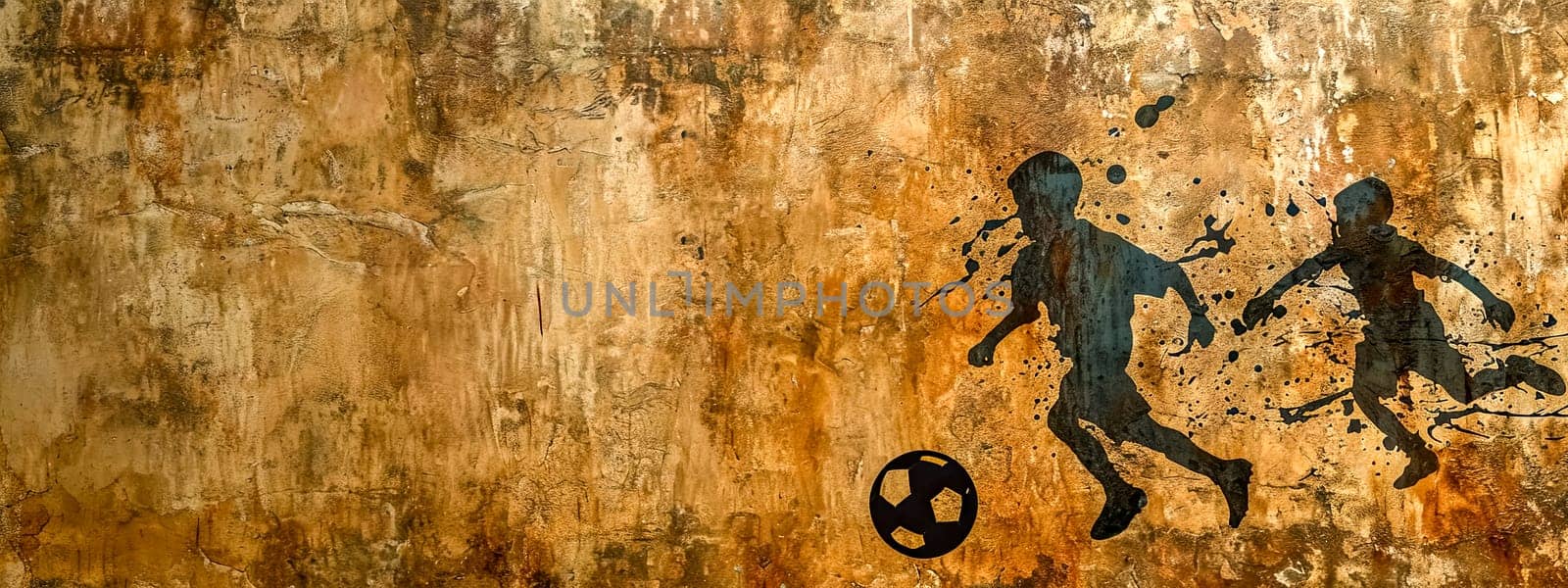 Silhouettes playing soccer on a textured, ancient wall-like background, copy space