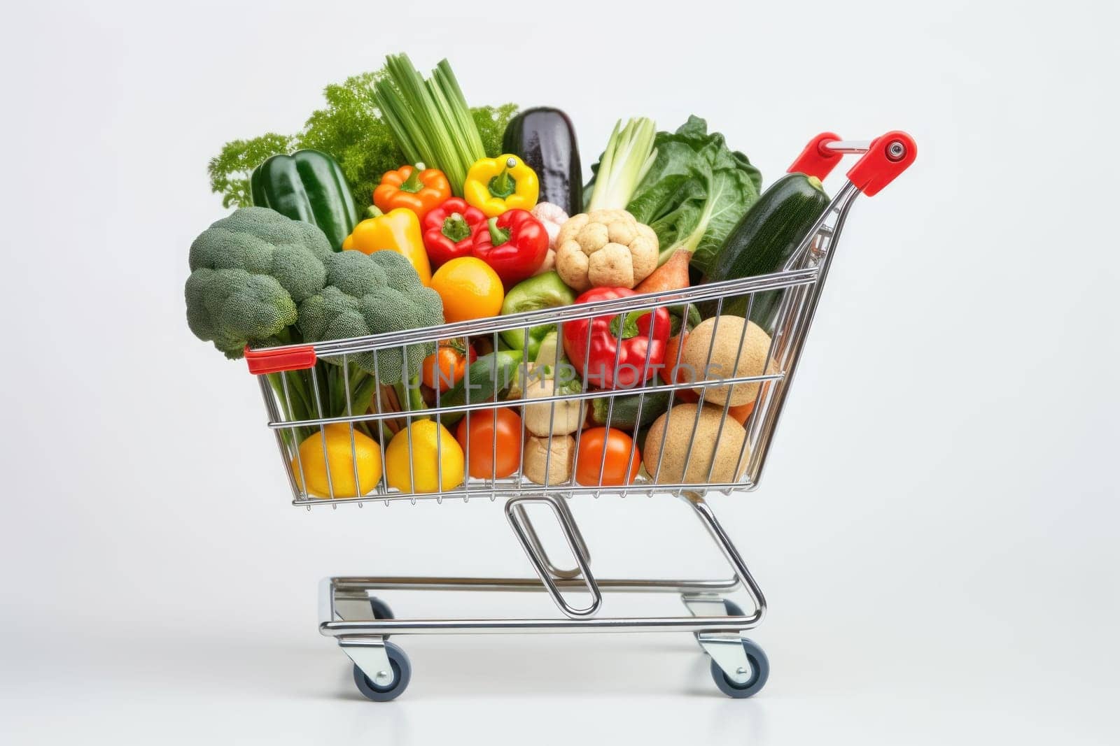 Shopping trolley full with vegetables and fruits. Generative AI.