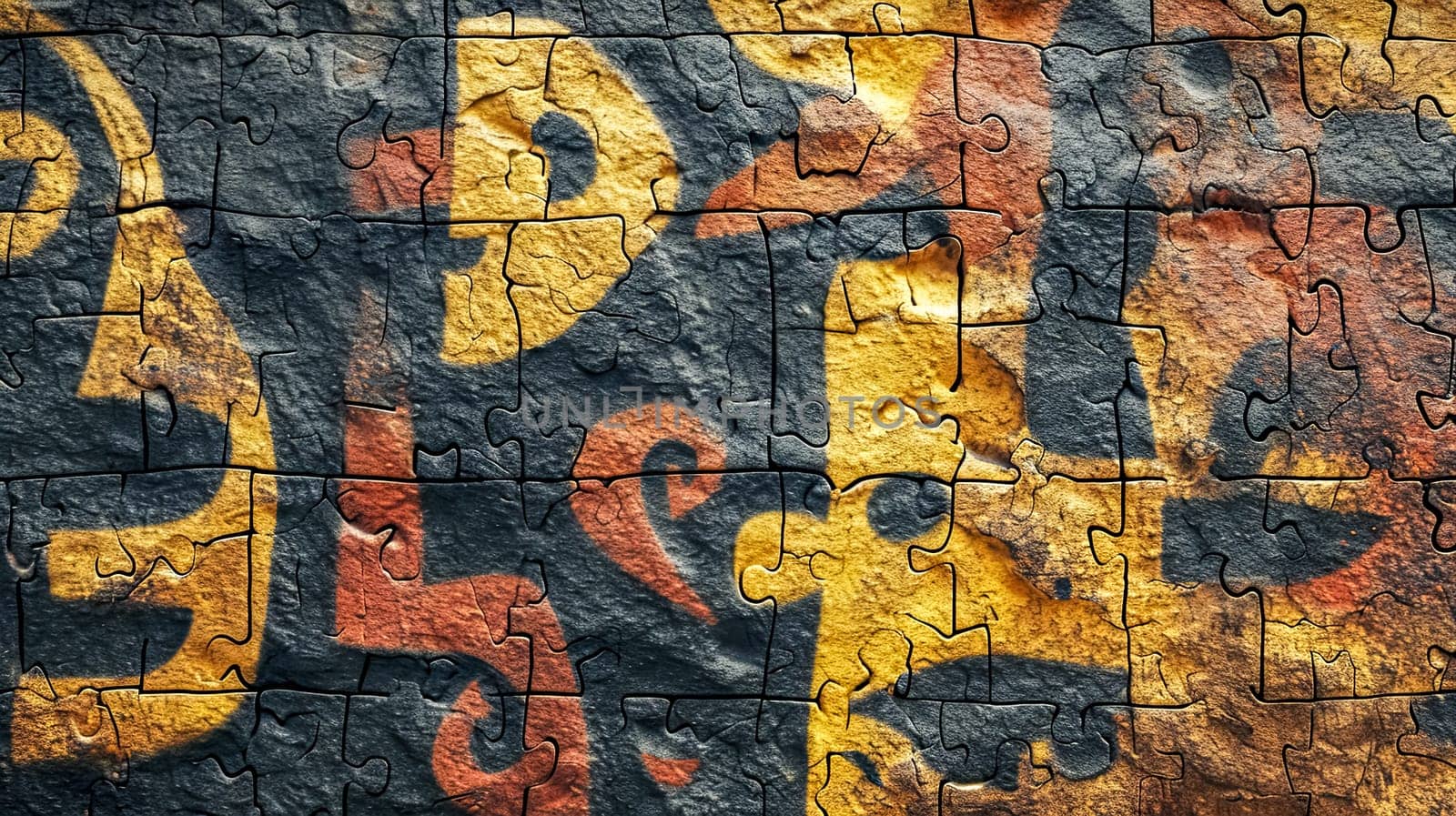 Assembled jigsaw puzzle showcasing a textured tribal cave painting design. by Edophoto