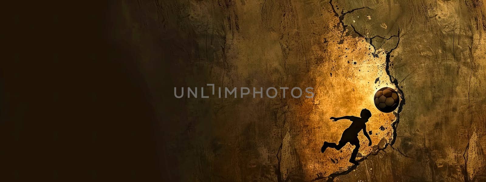 Dynamic silhouette of a soccer player and ball against a cave wall background. copy space