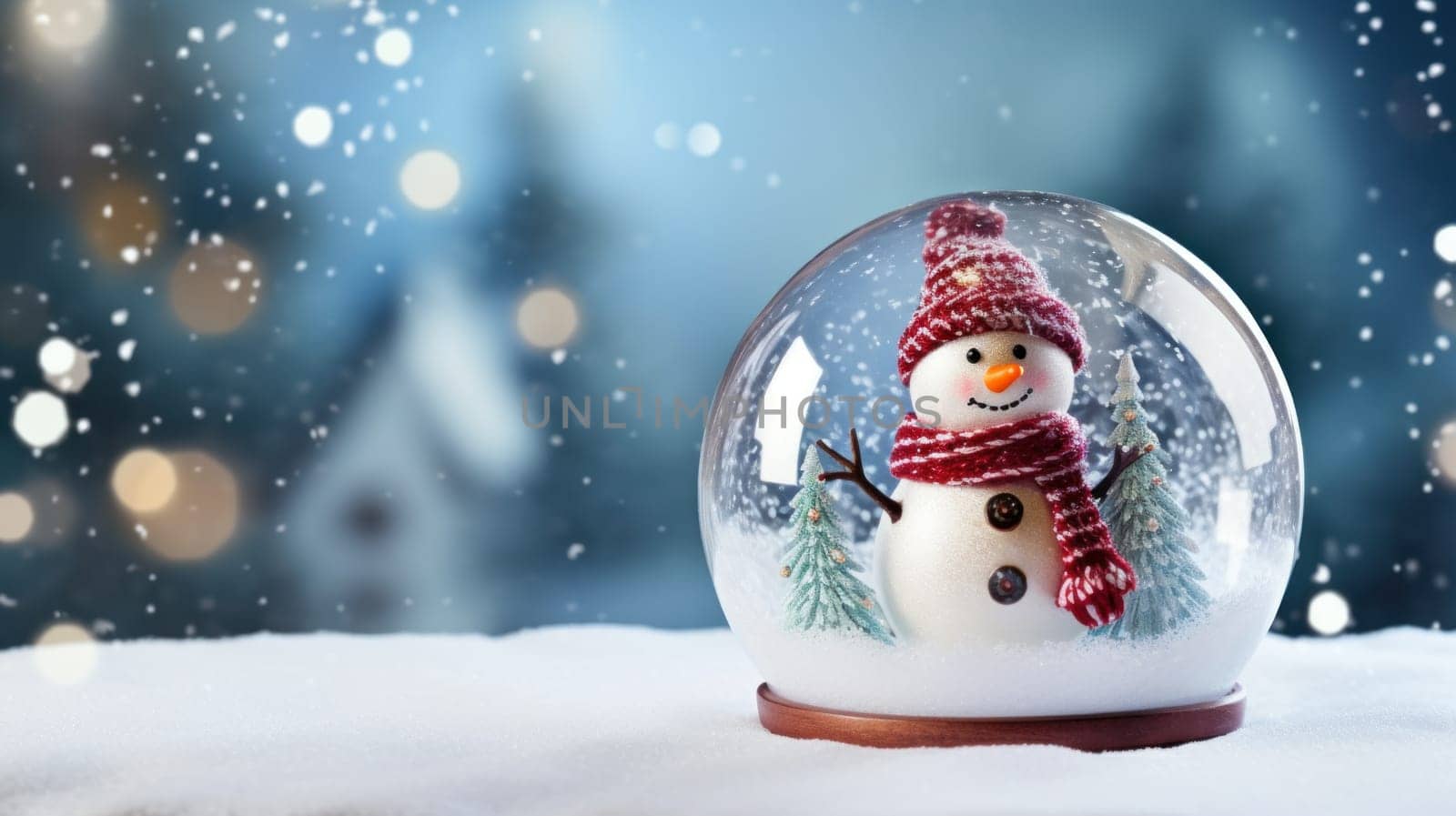 Glass ball on snow with snowman inside for Christmas. Generative AI.
