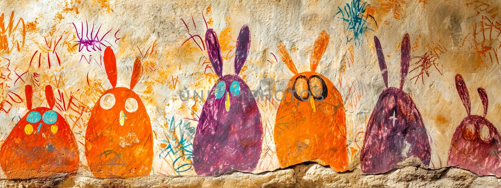 Easter, Whimsical cave painting-style illustration of colorful rabbits on a textured wall.