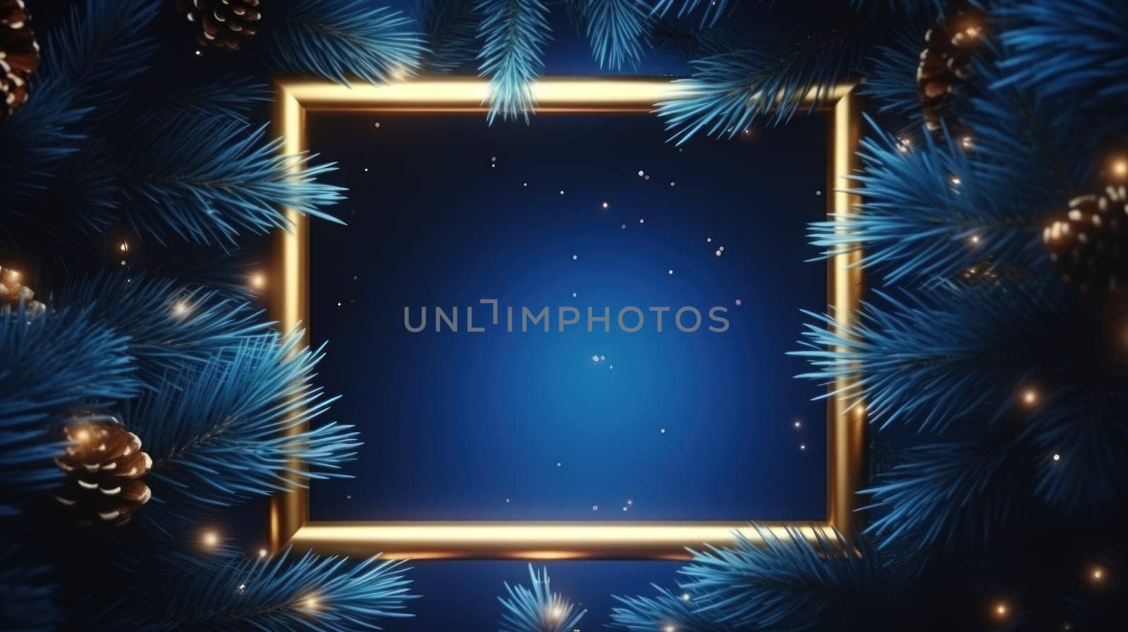 Blue neon frame with close up Christmas spruce branches with copy space. Generative AI.