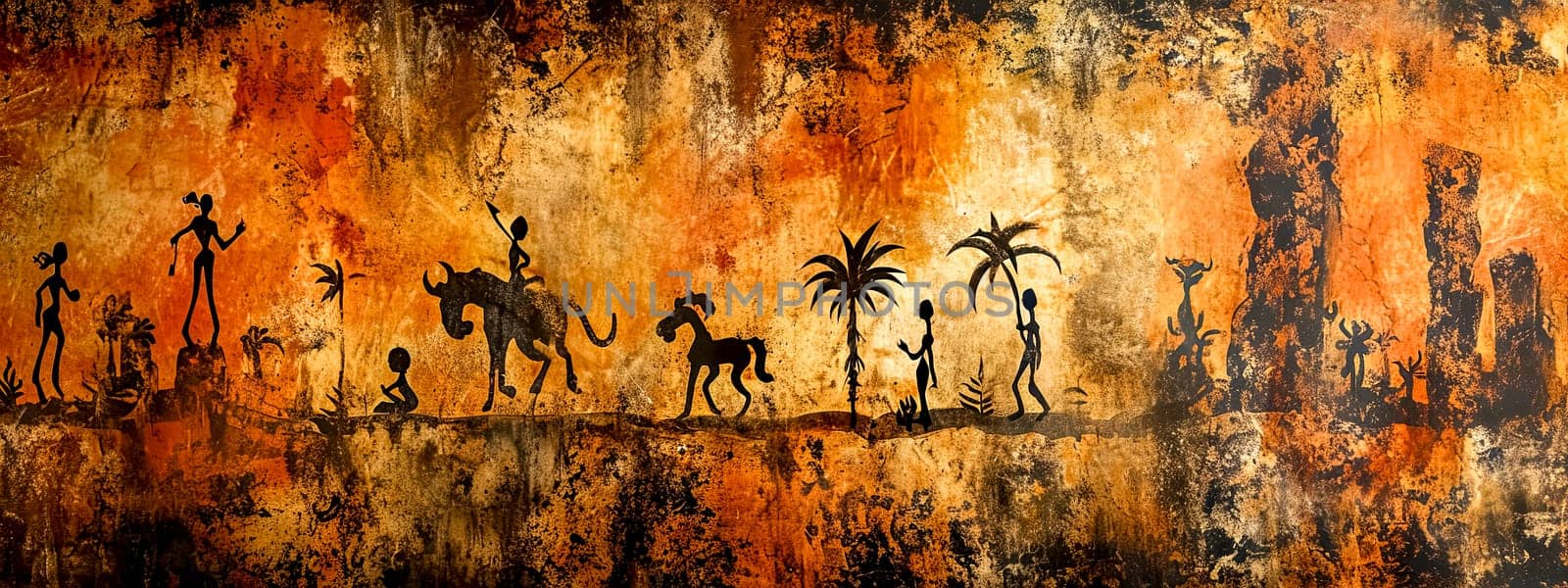 Ancient tribal art style mural with human and animal figures.