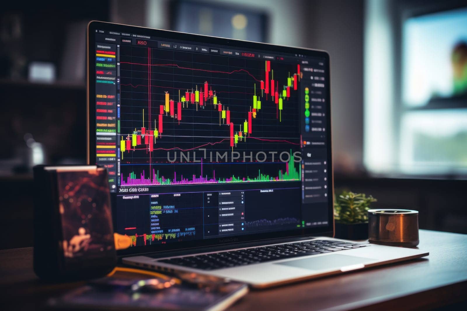 Business stock market, trading, info graphic shown on monitor display screen. Generative AI.