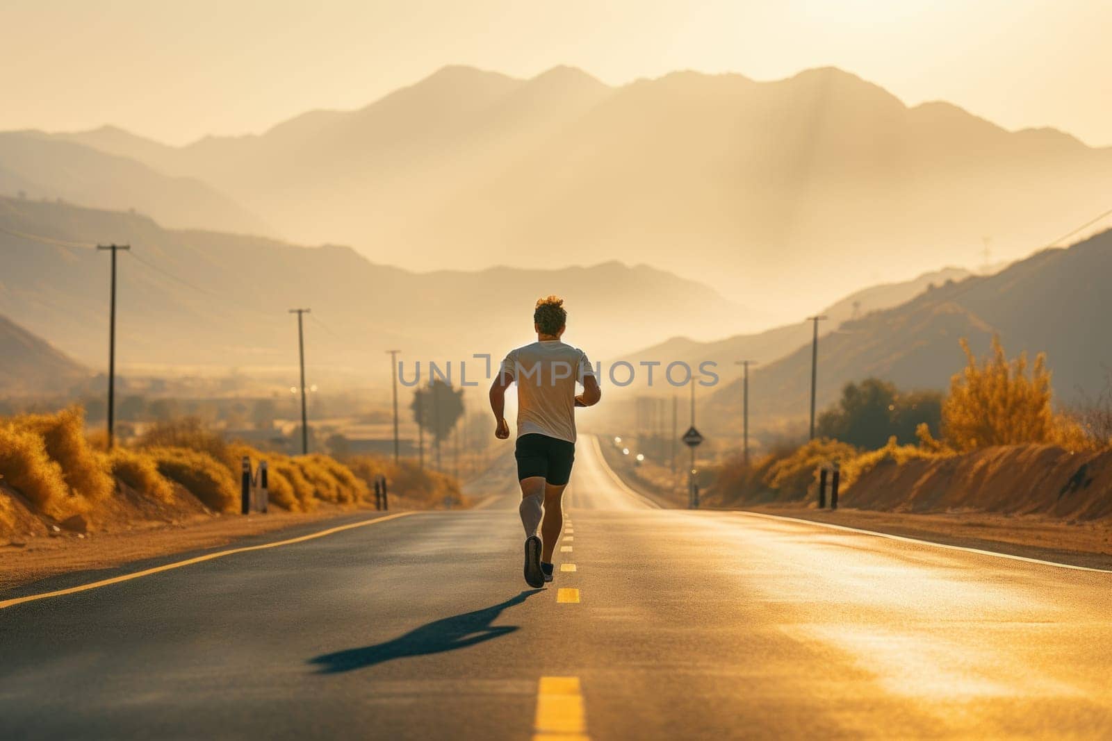 Man running along the road during sunset. Generative AI by golfmerrymaker