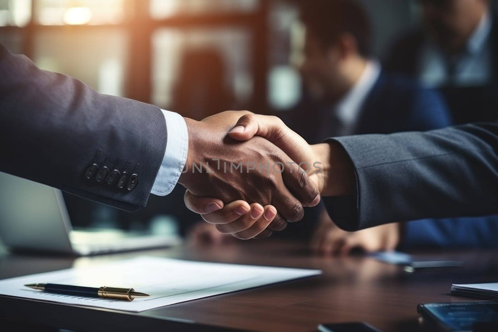 Close up handshake between executives sealing deals with mutual trust and partnership. Generative AI.