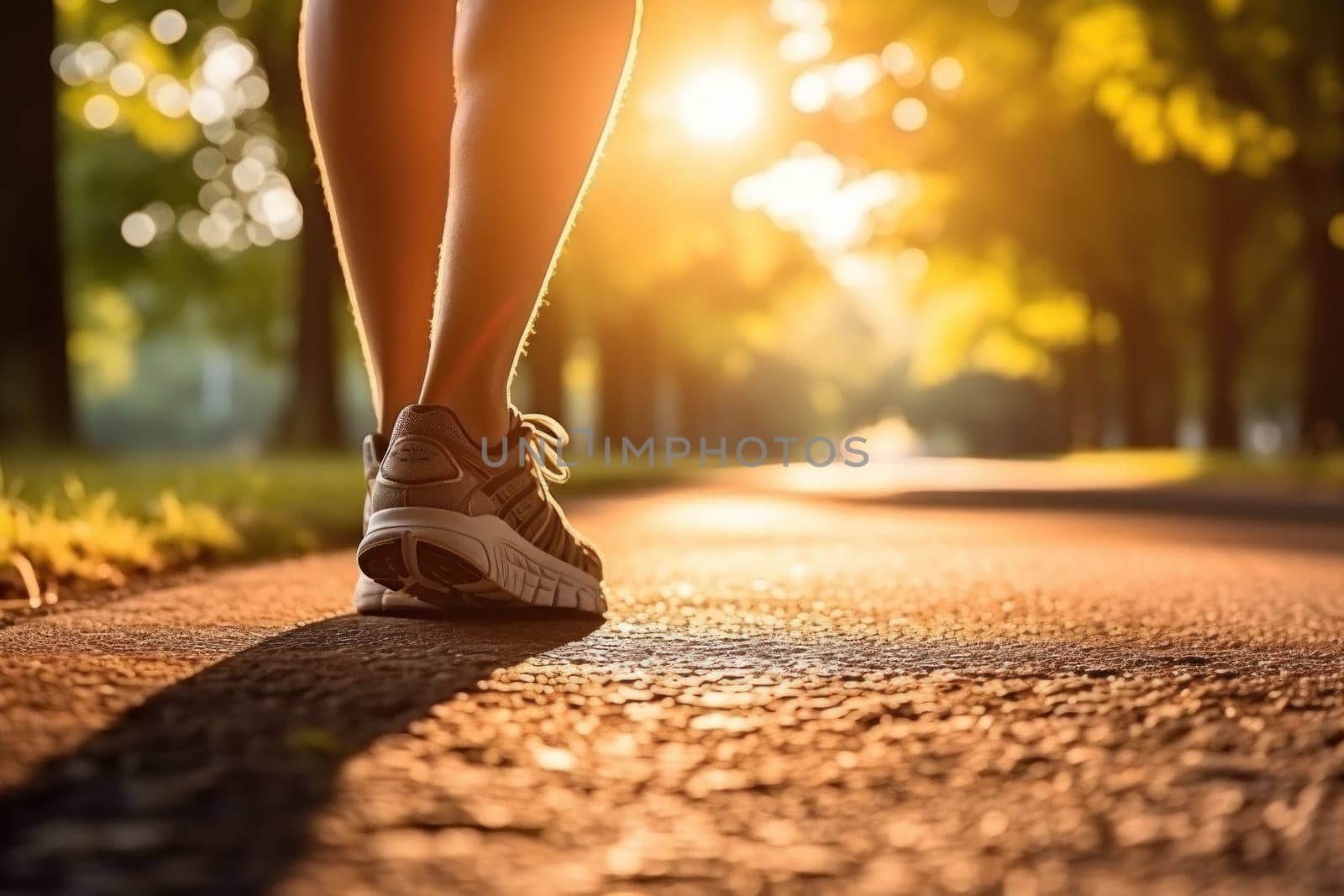 Summer shoes on the asphalt road in the sun - time for summer running. Generative AI.