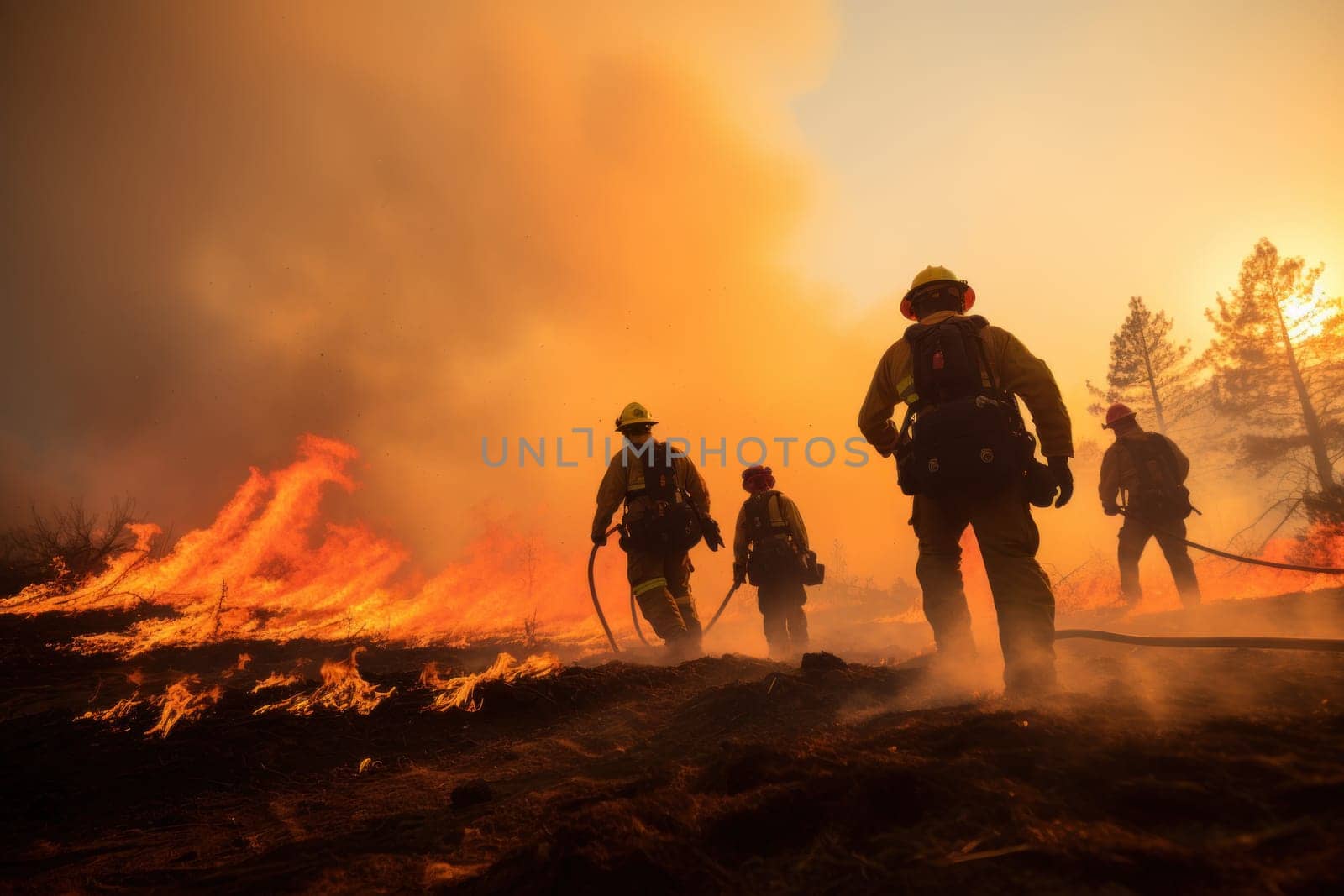 Team of firefighters creating a control line battling advancing flames. Generative AI.