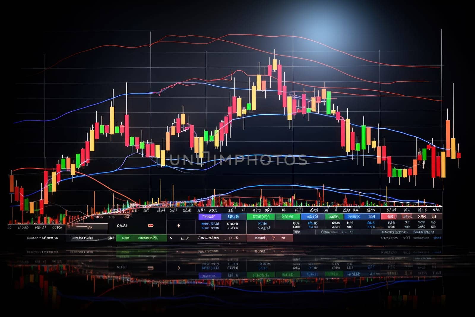 Business stock market, trading, info graphic shown on monitor display screen. Generative AI.