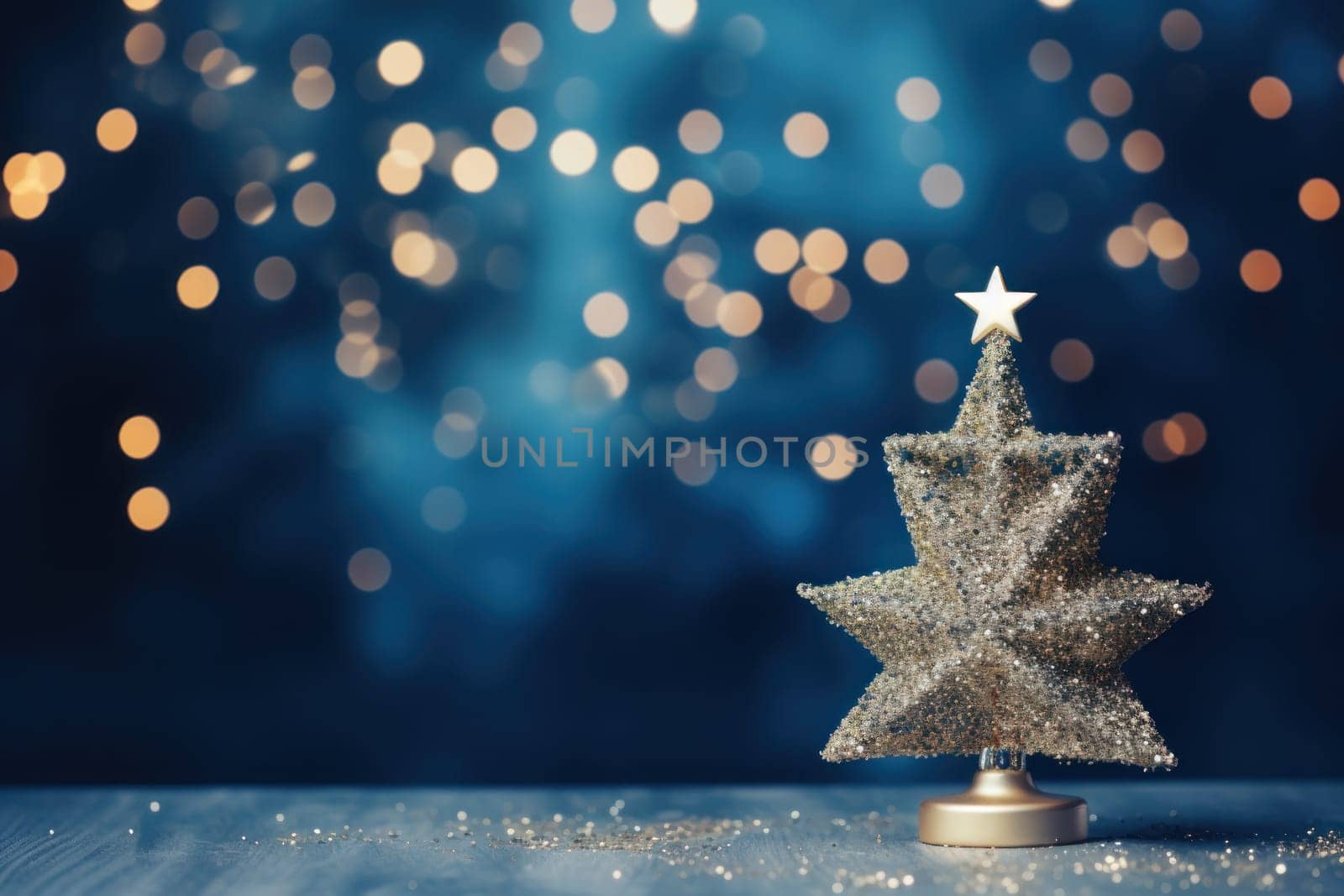 Christmas Tree In Ball Hanging Fir Branch With Golden Glittering On Blue Abstract Night. Generative AI.