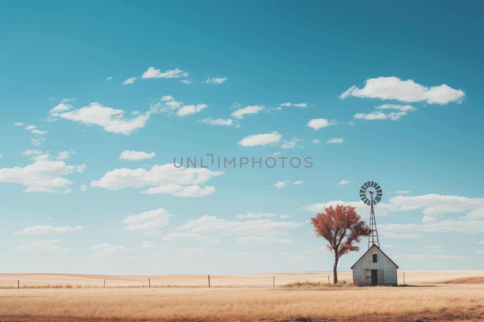 Minimalist landscape with alone tree and house. Generative AI by golfmerrymaker