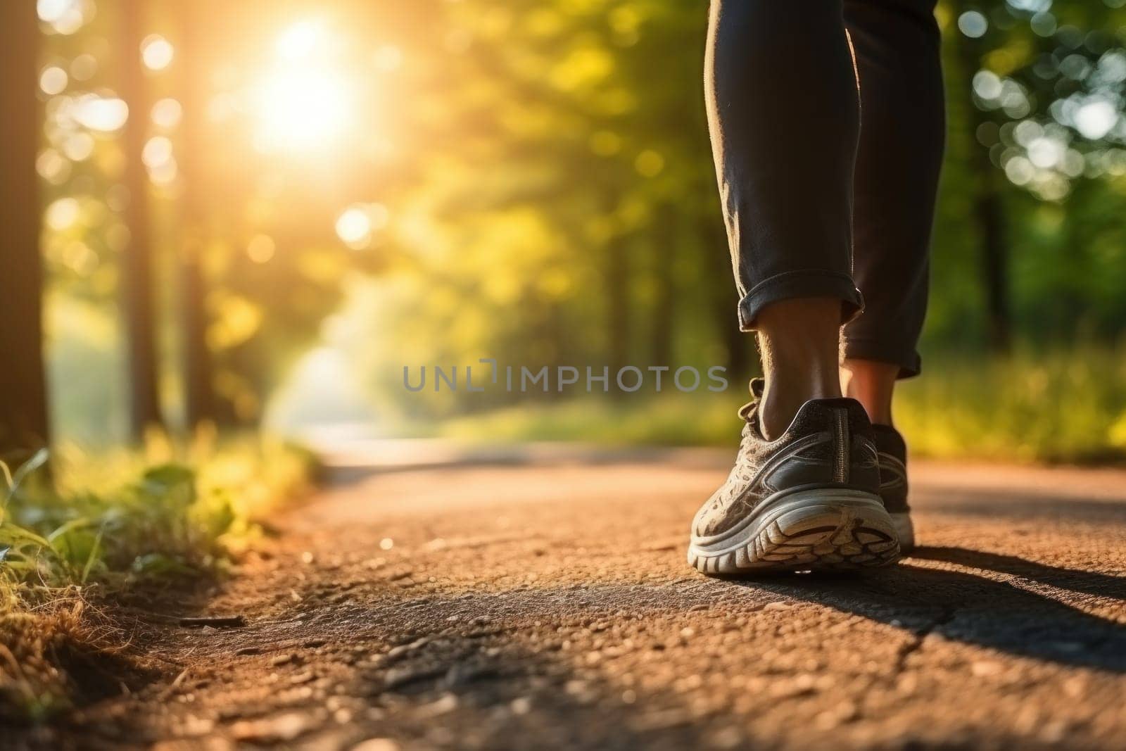 Summer shoes on the asphalt road in the sun - time for summer running. Generative AI by golfmerrymaker