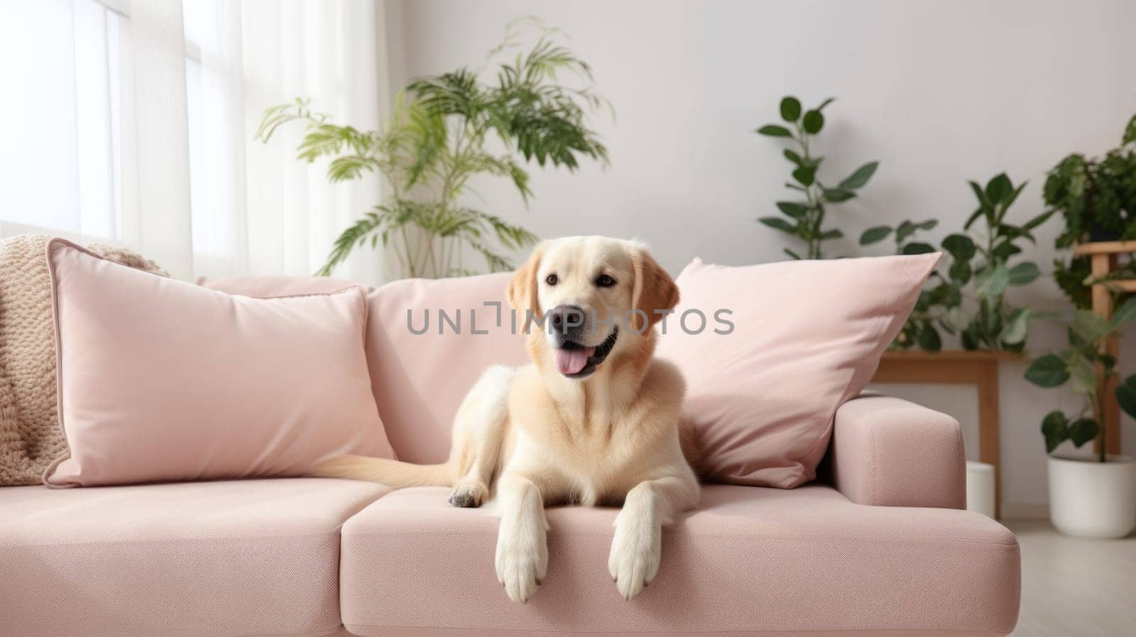 Modern living room interior. Cute Golden Labrador Retriever on couch. Generative AI.