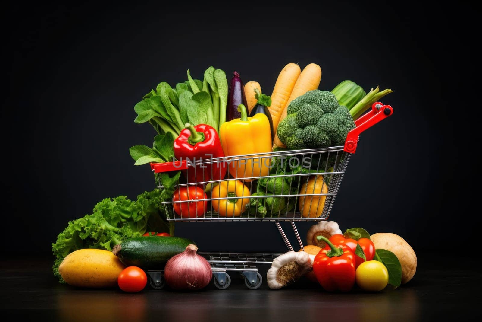 Shopping trolley full with vegetables and fruits. Generative AI.