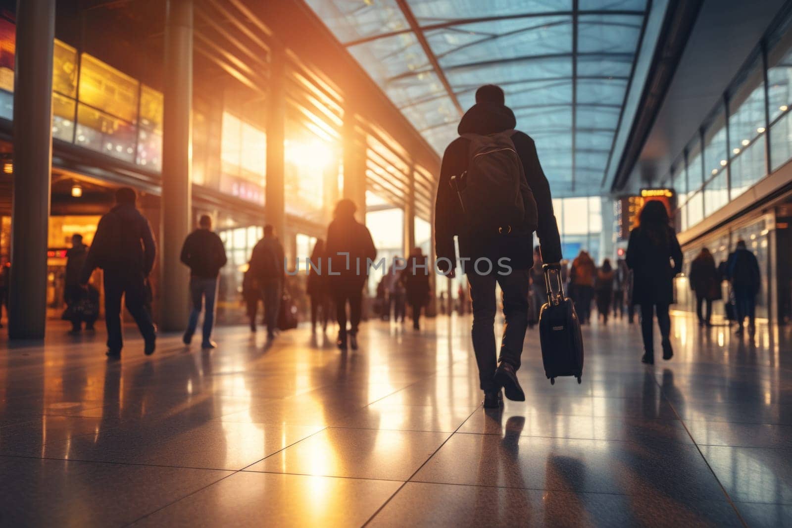 Inside airport with blurred people walking in the terminal. Generative AI by golfmerrymaker