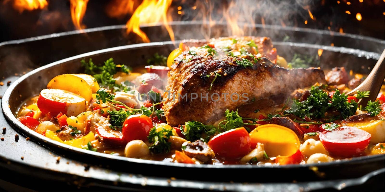 Appetizing meat dish in a cauldron. Generative AI. High quality photo