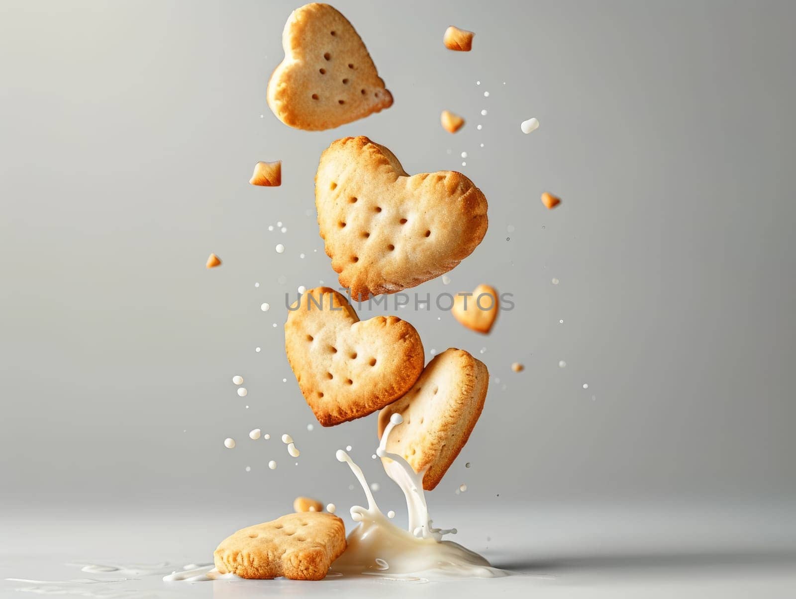 Food composition with heart shape cookies and floating milk. Sweet food background. Ai by iliris