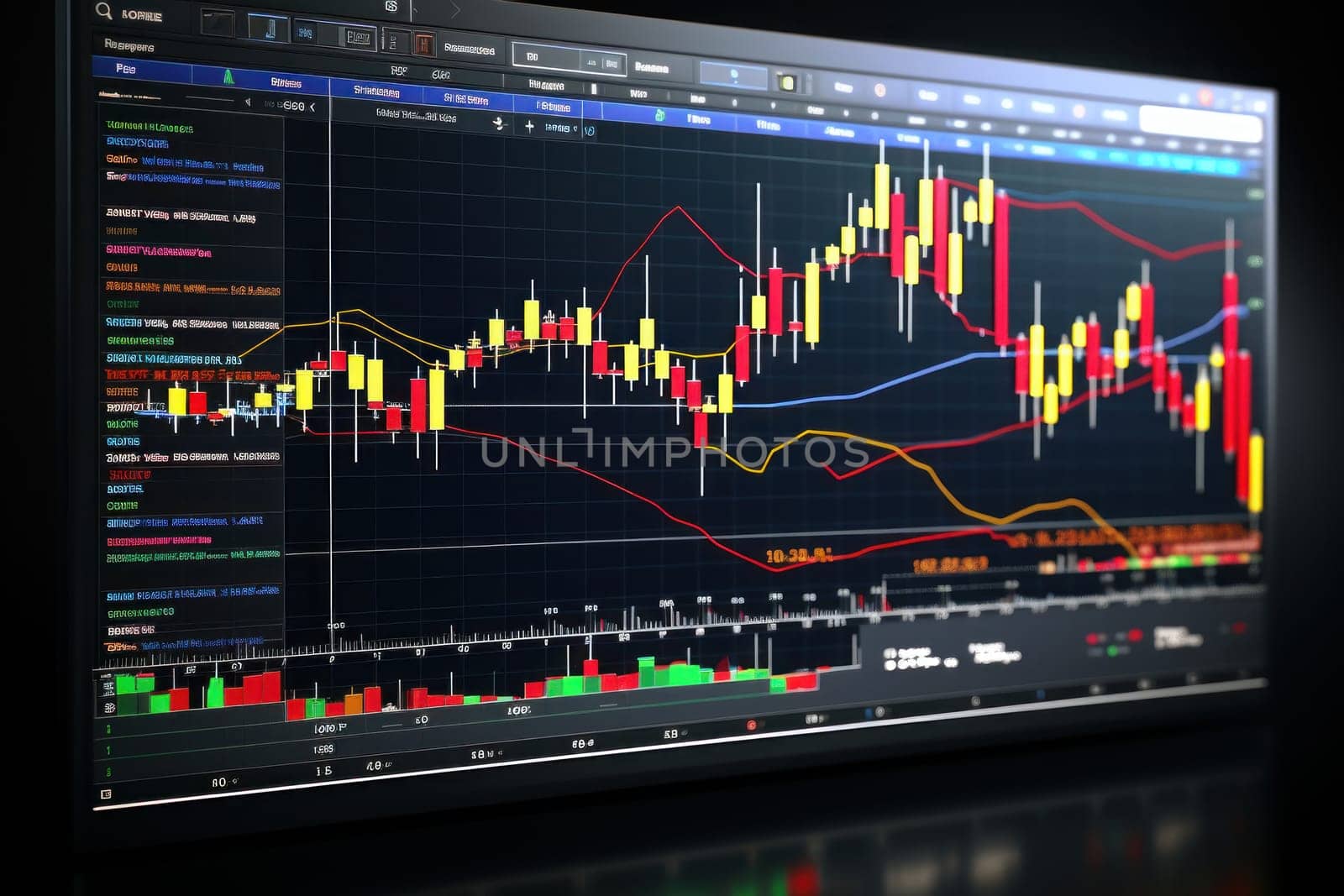 Business stock market, trading, info graphic shown on monitor display screen. Generative AI.