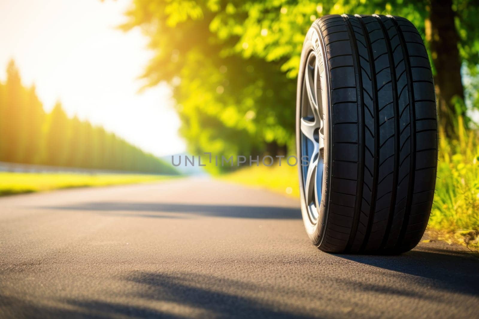 Summer tires on the asphalt road in the sun time for summer tires. Generative AI by golfmerrymaker