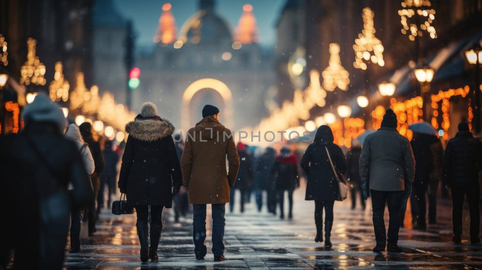 People walking in the city street with bokeh Christmas night. Generative AI.