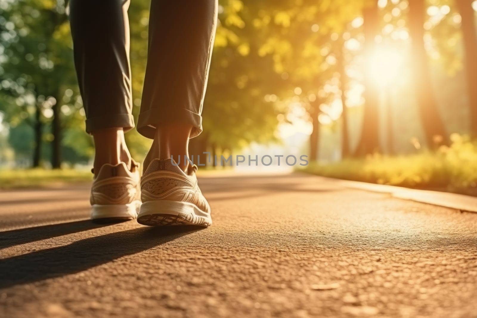 Summer shoes on the asphalt road in the sun - time for summer running. Generative AI.