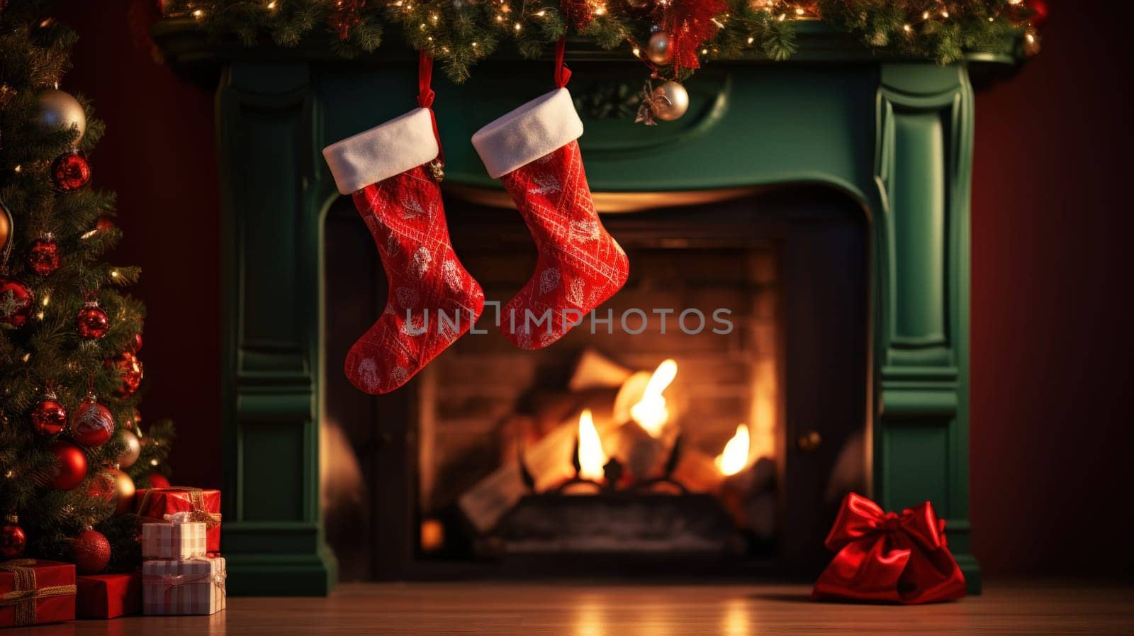Christmas sock on fireplace mantel. Beautifully decorated living room. Generative AI.