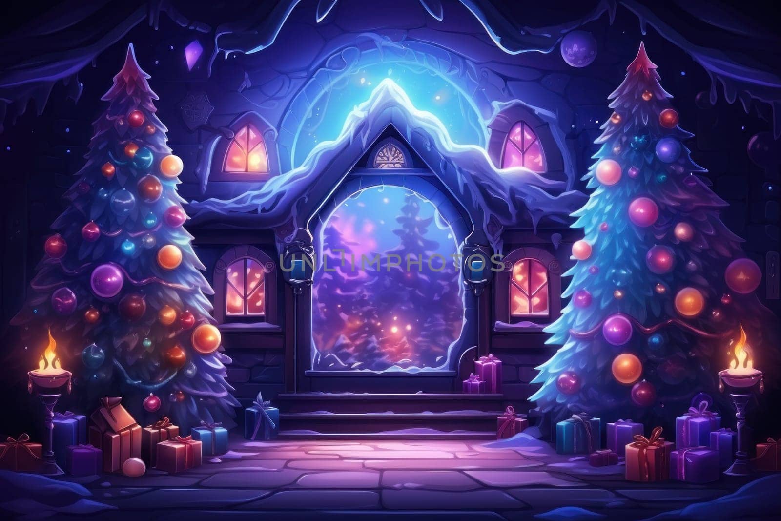 Banner of the Christmas in a futuristic neon style. Generative AI.