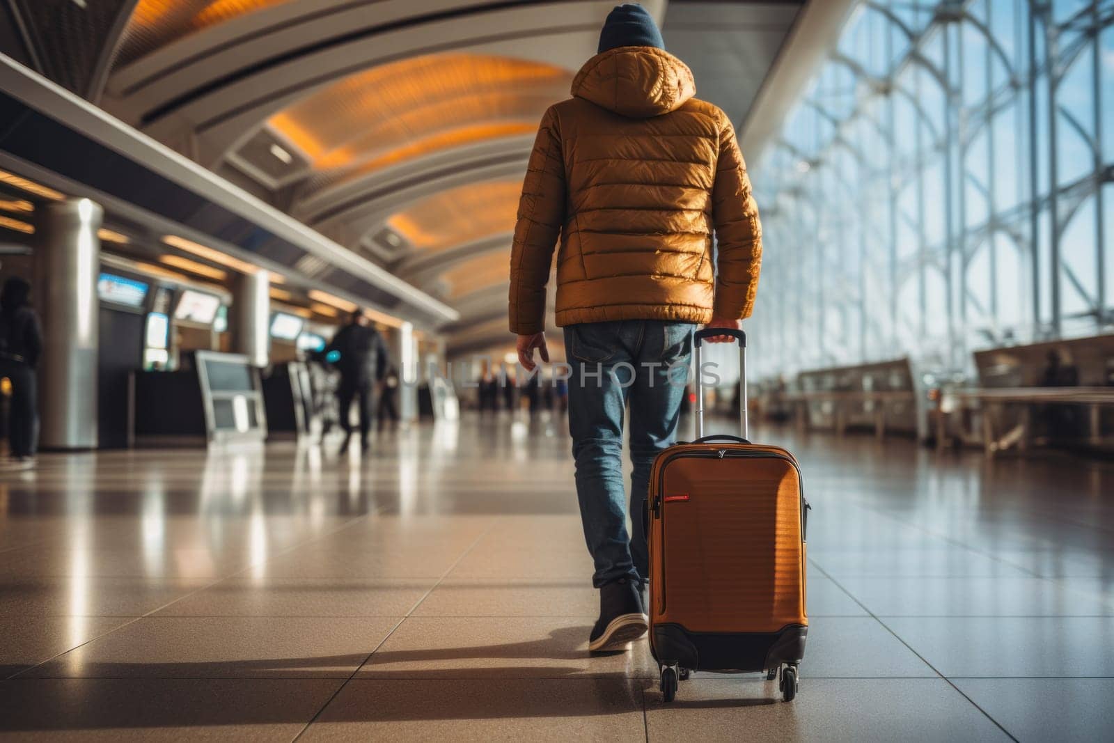 Photo of person hurrying up with a suitcase, airport. Generative AI.